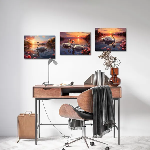 White_3_Pieces_Swan_And_Sunset_Canvas_Wall_Art_Romantic_Flower_Lake_Painting_Print_Wall_Decor_|_For_Living_Room_Bedroom_Bathroom_12"X16"X3Pcs