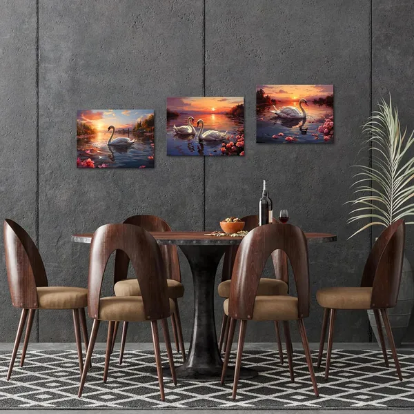 White_3_Pieces_Swan_And_Sunset_Canvas_Wall_Art_Romantic_Flower_Lake_Painting_Print_Wall_Decor_|_For_Living_Room_Bedroom_Bathroom_12"X16"X3Pcs