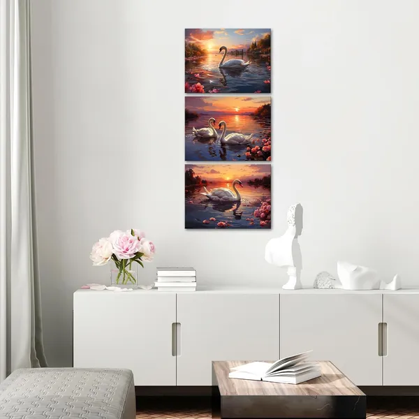 White_3_Pieces_Swan_And_Sunset_Canvas_Wall_Art_Romantic_Flower_Lake_Painting_Print_Wall_Decor_|_For_Living_Room_Bedroom_Bathroom_12"X16"X3Pcs