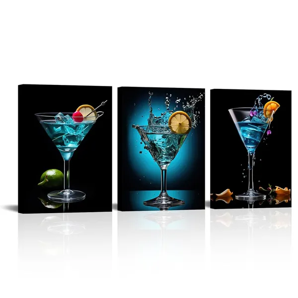 Blue_3_Pieces_Blue_Cocktail_Pictures_Wall_Art_Canvas_Prints_Black_Bar_Art_Liquor_Paintings_|_For_Dining_Room_Kitchen_Bar_Decor_12"X16"X3Pcs