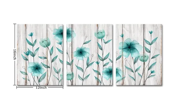 Teal_3_Piece_Teal_Flower_Canvas_Wall_Art_Rustic_Floral_On_Wood_Background_Painting_Vintage_Artwork_|_For_Living_Room_Bedroom_Decorations_Gallery_Wrap_Ready_To_Hang_Each_Piece_12X16Inch