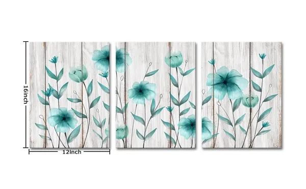 Teal_3_Piece_Teal_Flower_Canvas_Wall_Art_Rustic_Floral_On_Wood_Background_Painting_Vintage_Artwork_|_For_Living_Room_Bedroom_Decorations_Gallery_Wrap_Ready_To_Hang_Each_Piece_12X16Inch