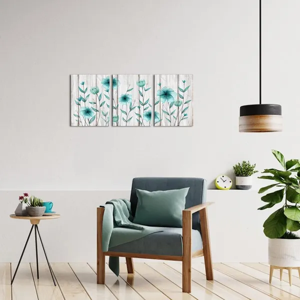 Teal_3_Piece_Teal_Flower_Canvas_Wall_Art_Rustic_Floral_On_Wood_Background_Painting_Vintage_Artwork_|_For_Living_Room_Bedroom_Decorations_Gallery_Wrap_Ready_To_Hang_Each_Piece_12X16Inch