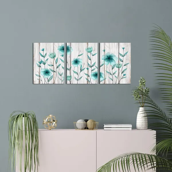 Teal_3_Piece_Teal_Flower_Canvas_Wall_Art_Rustic_Floral_On_Wood_Background_Painting_Vintage_Artwork_|_For_Living_Room_Bedroom_Decorations_Gallery_Wrap_Ready_To_Hang_Each_Piece_12X16Inch