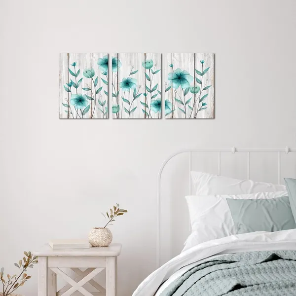Teal_3_Piece_Teal_Flower_Canvas_Wall_Art_Rustic_Floral_On_Wood_Background_Painting_Vintage_Artwork_|_For_Living_Room_Bedroom_Decorations_Gallery_Wrap_Ready_To_Hang_Each_Piece_12X16Inch