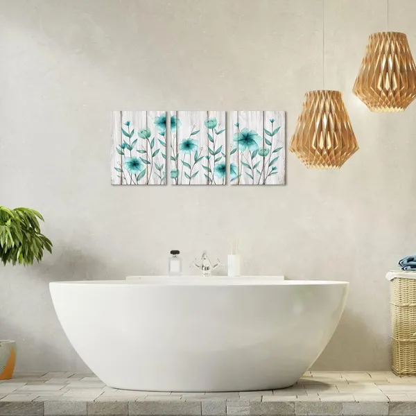 Teal_3_Piece_Teal_Flower_Canvas_Wall_Art_Rustic_Floral_On_Wood_Background_Painting_Vintage_Artwork_|_For_Living_Room_Bedroom_Decorations_Gallery_Wrap_Ready_To_Hang_Each_Piece_12X16Inch