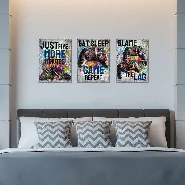 Gray_3_Pieces_Game_Theme_Canvas_Wall_Art_Graffiti_Video_Game_Picture_Prints_Watercolor_Match_Controllers_Painting_|_For_Game_Room_Boys_Room_Wall_Decor_Framed_And_Ready_To_Hang_12X16Inchx3Pcs