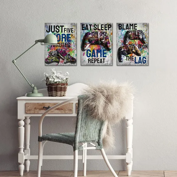 Gray_3_Pieces_Game_Theme_Canvas_Wall_Art_Graffiti_Video_Game_Picture_Prints_Watercolor_Match_Controllers_Painting_|_For_Game_Room_Boys_Room_Wall_Decor_Framed_And_Ready_To_Hang_12X16Inchx3Pcs