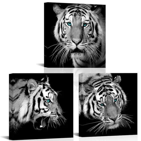 Black_White_3_Pieces_Tiger_With_Green_Eyes_Wall_Art_Black_And_White_Wildlife_Tiger_Portrait_Canvas_Prints_Pictures_Wall_Decor_Artwork_|_For_Modern_Home_Living_Room_Bedroom_Office_12X12Inchx3Pcs