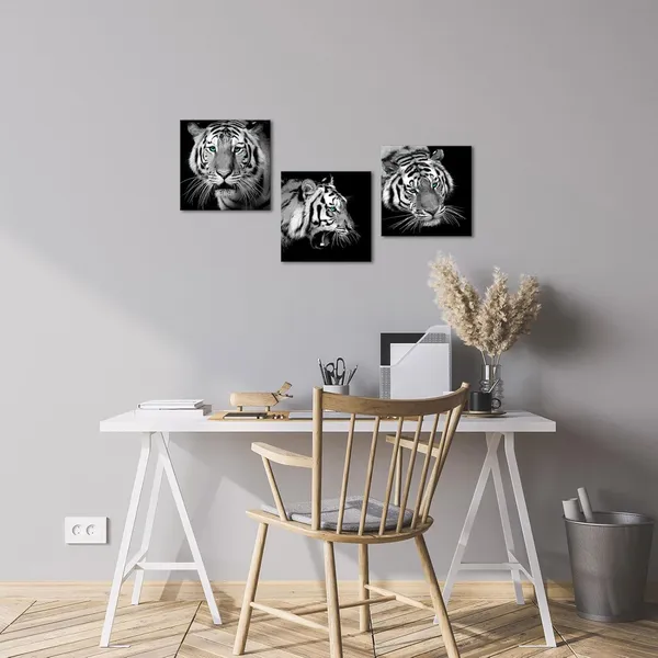 Black_White_3_Pieces_Tiger_With_Green_Eyes_Wall_Art_Black_And_White_Wildlife_Tiger_Portrait_Canvas_Prints_Pictures_Wall_Decor_Artwork_|_For_Modern_Home_Living_Room_Bedroom_Office_12X12Inchx3Pcs
