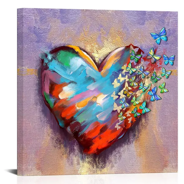 Red_&_Colourful_Abstract_Heart_Canvas_Wall_Art_-_Colorful_Flying_Butterfly_Picture_Poster_Prints_On_Canvas_Modern_Love_Heart_Painting_|_For_Girl_Bedroom_Living_Room_Decor_Framed_20X20Inch