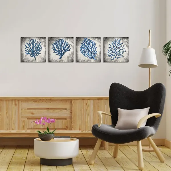 Blue_4_Pieces_Bathroom_Canvas_Wall_Art_Blue_Seaweed_Printed_On_Gray_Rustic_Background_Painting_Ocean_Theme_Coral_Picture_Poster_|_For_Shower_Room_Bathroom_Wall_Decor_12X12Inchx4Pcs_(Small)