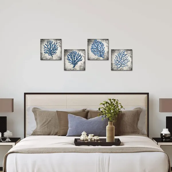 Blue_4_Pieces_Bathroom_Canvas_Wall_Art_Blue_Seaweed_Printed_On_Gray_Rustic_Background_Painting_Ocean_Theme_Coral_Picture_Poster_|_For_Shower_Room_Bathroom_Wall_Decor_12X12Inchx4Pcs_(Small)