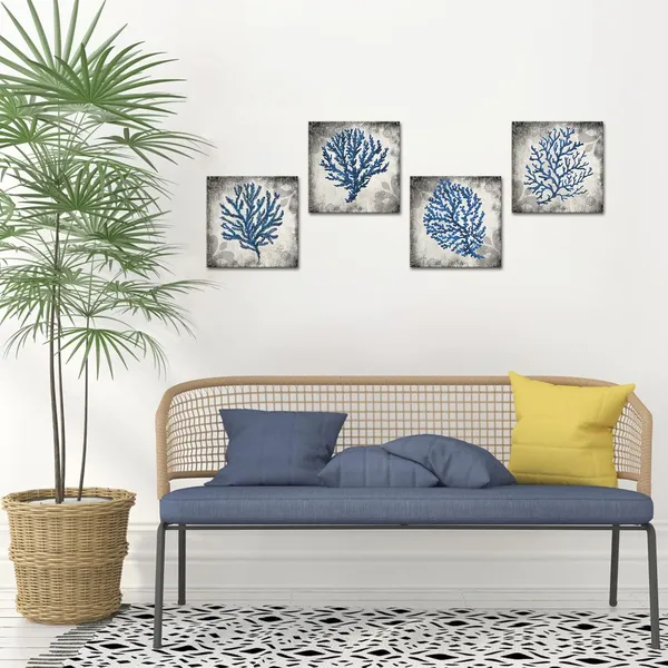 Blue_4_Pieces_Bathroom_Canvas_Wall_Art_Blue_Seaweed_Printed_On_Gray_Rustic_Background_Painting_Ocean_Theme_Coral_Picture_Poster_|_For_Shower_Room_Bathroom_Wall_Decor_12X12Inchx4Pcs_(Small)