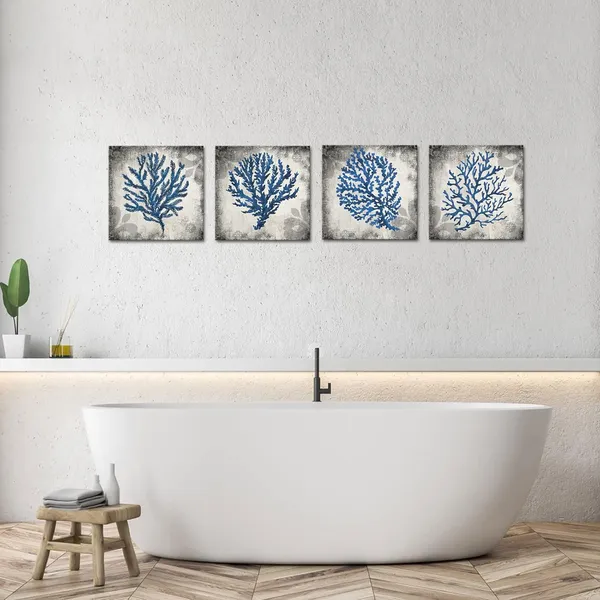 Blue_4_Pieces_Bathroom_Canvas_Wall_Art_Blue_Seaweed_Printed_On_Gray_Rustic_Background_Painting_Ocean_Theme_Coral_Picture_Poster_|_For_Shower_Room_Bathroom_Wall_Decor_12X12Inchx4Pcs_(Small)