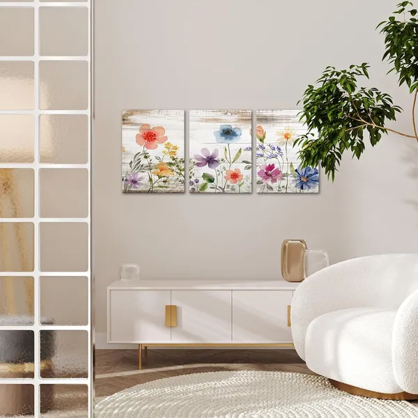 Blue_3_Pieces_Watercolor_Flower_Canvas_Wall_Art_Colorful_Wildflower_Floral_Plant_Painting_Rustic_Vintage_Wood_Artwork_Pictures_Prints_Wall_Decor_|_For_Farmhouse_Living_Room_Bathroom_12"X16"X3Pcs