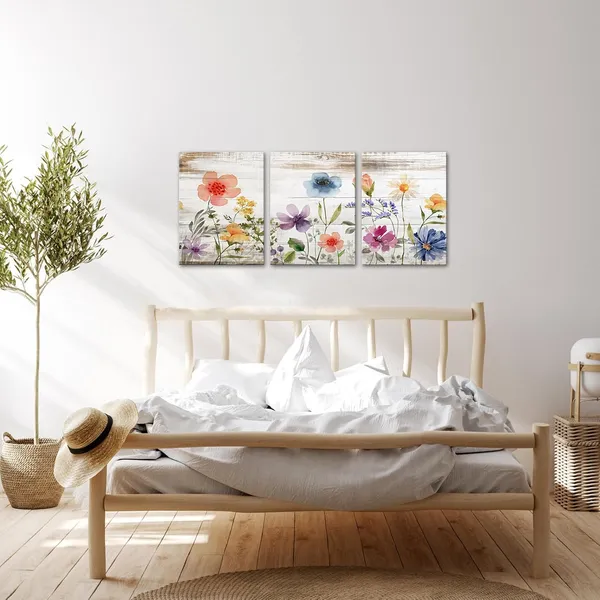 Blue_3_Pieces_Watercolor_Flower_Canvas_Wall_Art_Colorful_Wildflower_Floral_Plant_Painting_Rustic_Vintage_Wood_Artwork_Pictures_Prints_Wall_Decor_|_For_Farmhouse_Living_Room_Bathroom_12"X16"X3Pcs