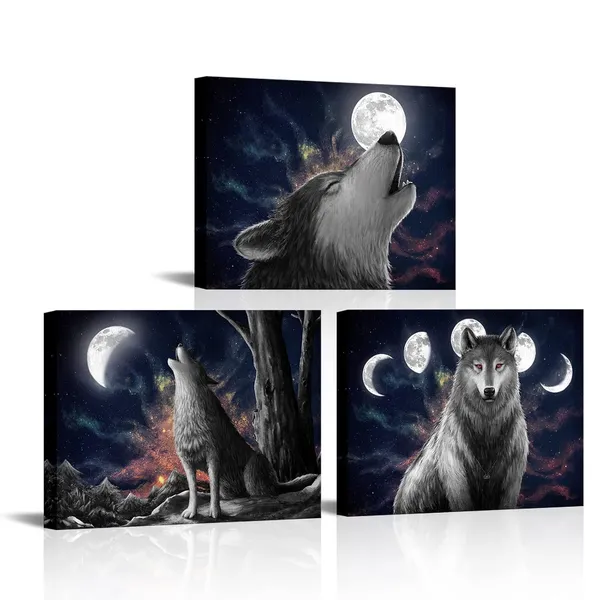 Black_3_Piece_Wolf_With_Starry_Sky_Canvas_Wall_Art_Black_And_White_Wildlife_Wolves_And_Full_Moon_Picture_Prints_Modern_Wild_Animal_Artwork_|_For_Bedroom_Wall_Decoration_Each_Panel_12X16Inch