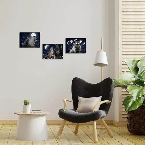Black_3_Piece_Wolf_With_Starry_Sky_Canvas_Wall_Art_Black_And_White_Wildlife_Wolves_And_Full_Moon_Picture_Prints_Modern_Wild_Animal_Artwork_|_For_Bedroom_Wall_Decoration_Each_Panel_12X16Inch