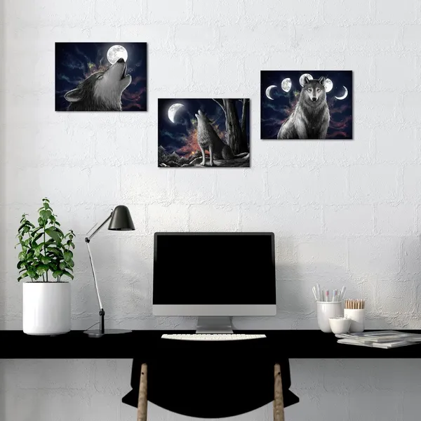 Black_3_Piece_Wolf_With_Starry_Sky_Canvas_Wall_Art_Black_And_White_Wildlife_Wolves_And_Full_Moon_Picture_Prints_Modern_Wild_Animal_Artwork_|_For_Bedroom_Wall_Decoration_Each_Panel_12X16Inch