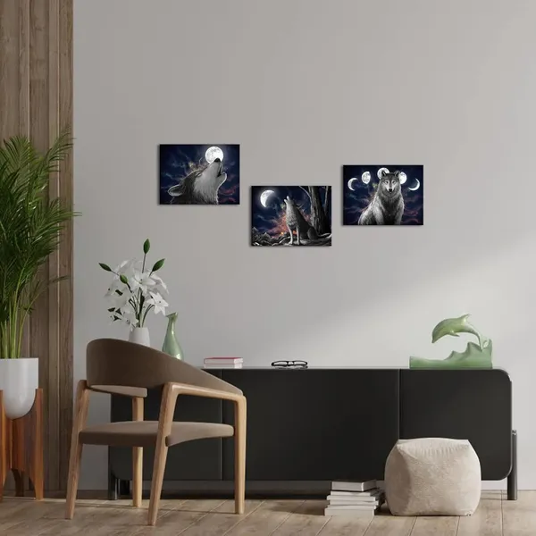 Black_3_Piece_Wolf_With_Starry_Sky_Canvas_Wall_Art_Black_And_White_Wildlife_Wolves_And_Full_Moon_Picture_Prints_Modern_Wild_Animal_Artwork_|_For_Bedroom_Wall_Decoration_Each_Panel_12X16Inch
