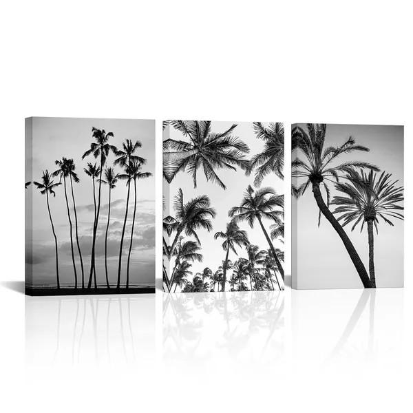 Multicolor_3_Pieces_Tropical_Palm_Tree_Wall_Art_Black_And_White_Photo_Of_Palm_Trees_Pictures_Framed_|_For_Home_Bathroom_Bedroom_Living_Room_Wall_Decor_Framed_12"X16"X3Pcs