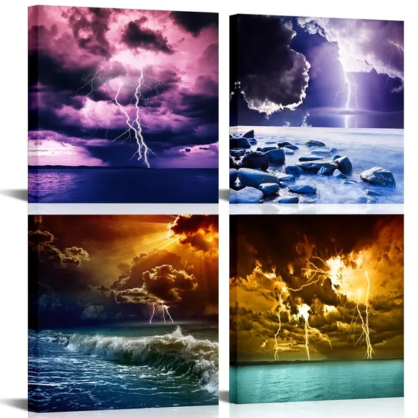 Blue_4_Pieces_Lightning_Seascape_Wall_Art_Stormy_Sea_Ocean_Wave_Picture_Prints_On_Canvas_Nature_Weather_Poster_Prints_|_For_Home_Office_Artwork_Wall_Decor_Framed_And_Ready_To_Hang_12X12Inchx4Pcs_(Small)