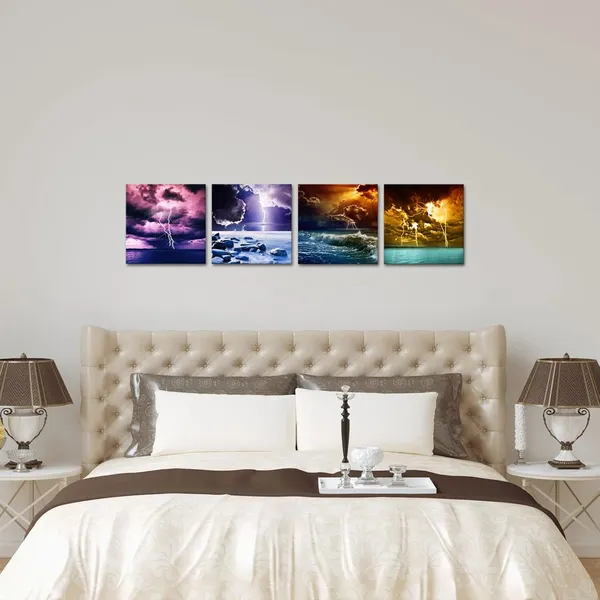 Blue_4_Pieces_Lightning_Seascape_Wall_Art_Stormy_Sea_Ocean_Wave_Picture_Prints_On_Canvas_Nature_Weather_Poster_Prints_|_For_Home_Office_Artwork_Wall_Decor_Framed_And_Ready_To_Hang_12X12Inchx4Pcs_(Small)