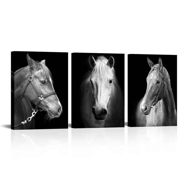 Black_&_White_3_Panel_Black_And_White_Horses_Painting_Picture_Print_On_Canvas_Vintage_Animals_Canvas_Wall_Art_Wooden_Stretched_Framed_Posters_Prints_|_For_Home_Men_Office_Bedroom_Decoration_12"X16"X3Pcs