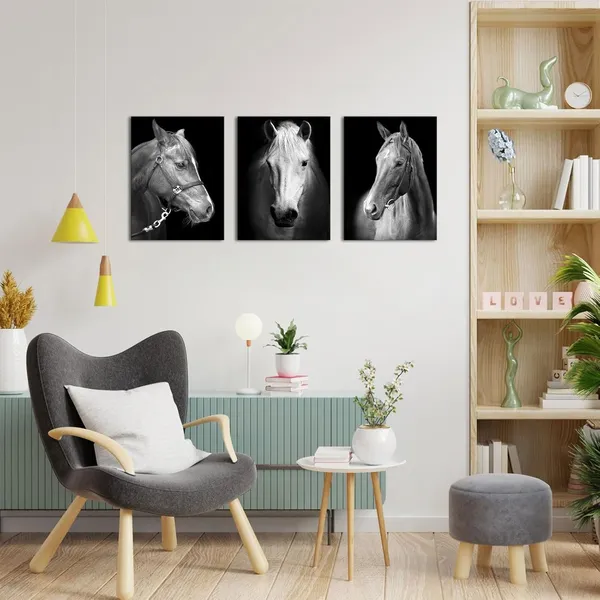 Black_&_White_3_Panel_Black_And_White_Horses_Painting_Picture_Print_On_Canvas_Vintage_Animals_Canvas_Wall_Art_Wooden_Stretched_Framed_Posters_Prints_|_For_Home_Men_Office_Bedroom_Decoration_12"X16"X3Pcs