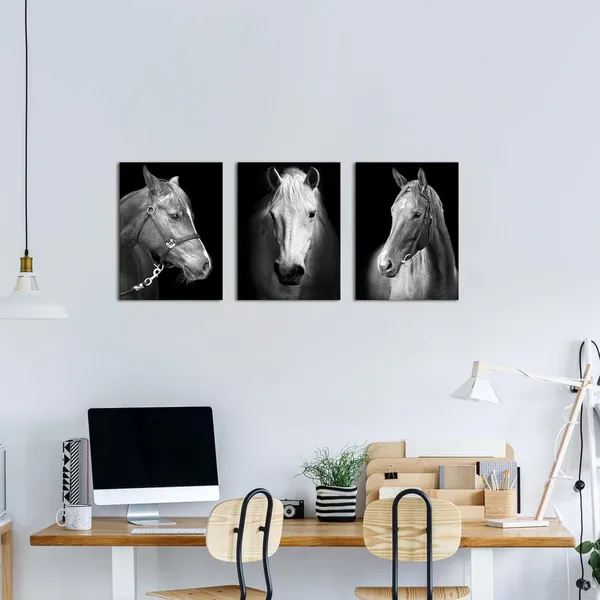Black_&_White_3_Panel_Black_And_White_Horses_Painting_Picture_Print_On_Canvas_Vintage_Animals_Canvas_Wall_Art_Wooden_Stretched_Framed_Posters_Prints_|_For_Home_Men_Office_Bedroom_Decoration_12"X16"X3Pcs