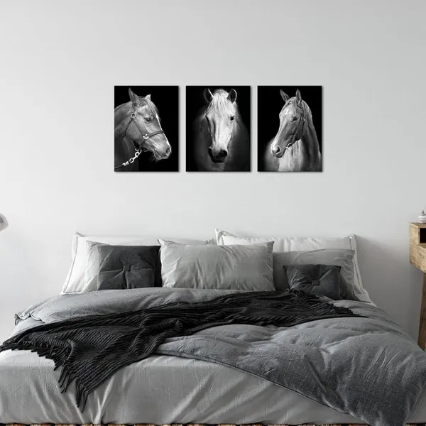 Black_&_White_3_Panel_Black_And_White_Horses_Painting_Picture_Print_On_Canvas_Vintage_Animals_Canvas_Wall_Art_Wooden_Stretched_Framed_Posters_Prints_|_For_Home_Men_Office_Bedroom_Decoration_12"X16"X3Pcs