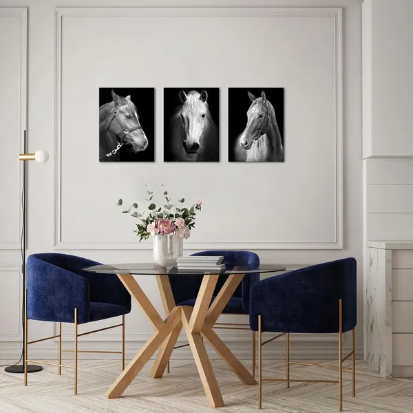 Black_&_White_3_Panel_Black_And_White_Horses_Painting_Picture_Print_On_Canvas_Vintage_Animals_Canvas_Wall_Art_Wooden_Stretched_Framed_Posters_Prints_|_For_Home_Men_Office_Bedroom_Decoration_12"X16"X3Pcs