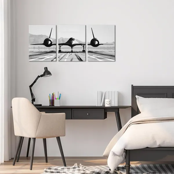 Black_White_Black_And_White_Airplane_Wall_Art_Vintage_Military_Aircraft_Picture_Print_On_Canvas_|_For_Office_Boy_Room_Bedroom_Decoration_12X16Inchx3_Panels