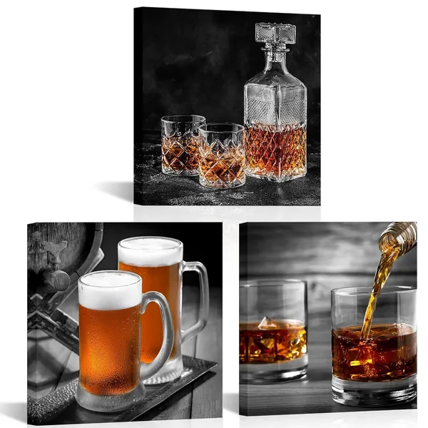 Black_3_Pieces_Beer_Whiskey_Pictures_Poster_Wall_Art_Canvas_Prints_Western_Modern_Artwork_|_For_Kitchen_Bar_Basement_Dining_Room_Wall_Decor_Decorations_12"X12"X3Pcs