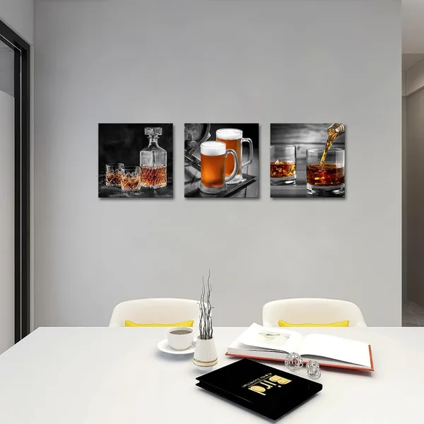 Black_3_Pieces_Beer_Whiskey_Pictures_Poster_Wall_Art_Canvas_Prints_Western_Modern_Artwork_|_For_Kitchen_Bar_Basement_Dining_Room_Wall_Decor_Decorations_12"X12"X3Pcs