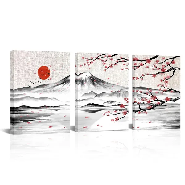 Multicolor_3_Pieces_Japanese_Cherry_Blossom_Mount_Fuji_Canvas_Wall_Art_Black_White_Pink_Floral_Wash_Painting_Wall_Decor_|_For_Living_Room_Bedroom_12"X16"X3Pcs