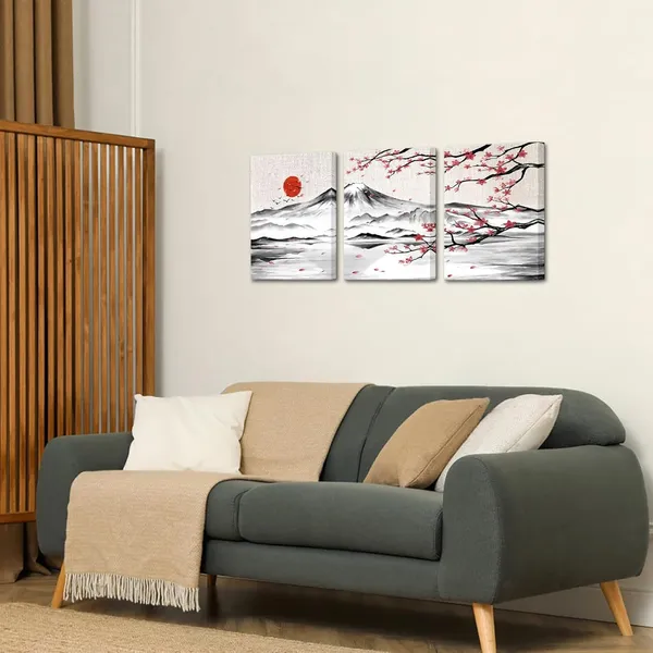 Multicolor_3_Pieces_Japanese_Cherry_Blossom_Mount_Fuji_Canvas_Wall_Art_Black_White_Pink_Floral_Wash_Painting_Wall_Decor_|_For_Living_Room_Bedroom_12"X16"X3Pcs