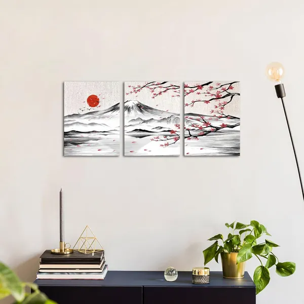 Multicolor_3_Pieces_Japanese_Cherry_Blossom_Mount_Fuji_Canvas_Wall_Art_Black_White_Pink_Floral_Wash_Painting_Wall_Decor_|_For_Living_Room_Bedroom_12"X16"X3Pcs