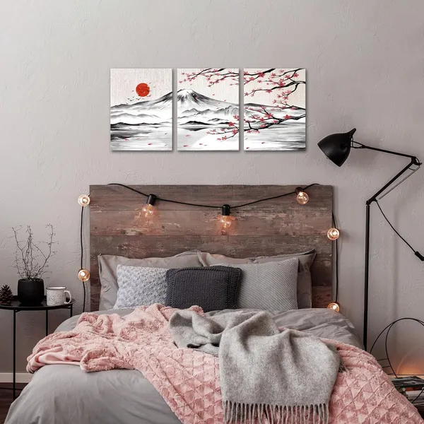 Multicolor_3_Pieces_Japanese_Cherry_Blossom_Mount_Fuji_Canvas_Wall_Art_Black_White_Pink_Floral_Wash_Painting_Wall_Decor_|_For_Living_Room_Bedroom_12"X16"X3Pcs