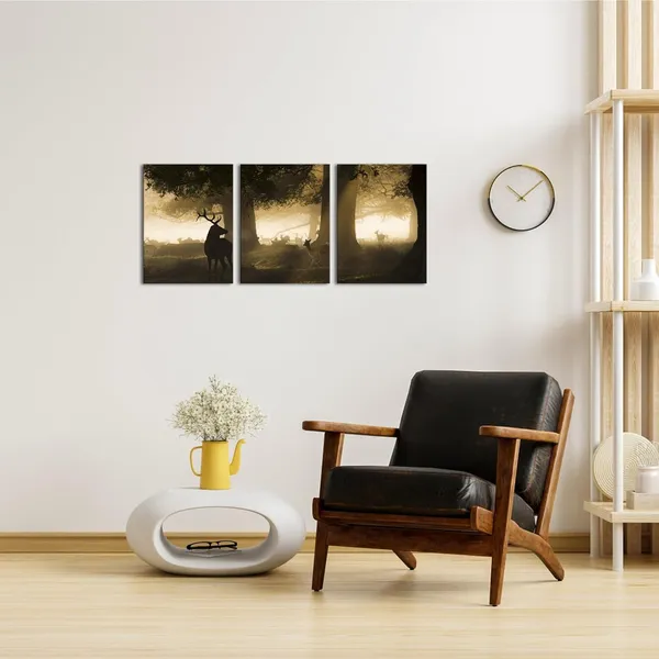 Multicolor_3_Pieces_Deer_In_|_Forest_Fall_Wall_Art_Canvas_Prints_Sepia_Elk_In_Morning_Sun_Picture_Wall_Decor_Modern_Artwork_|_For_Living_Room_Bedroom_Office_Home_Decor_12"X16"X3Pcs