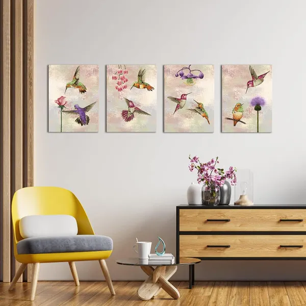 Brown_4_Pieces_Hummingbird_Canvas_Wall_Art_Prints_Birds_With_Flowers_Picture_Paintings_Vintage_Animals_Artwork_|_For_Bedroom_Living_Room_Decorations_Ready_To_Hang_Each_Piece_12X16Inch