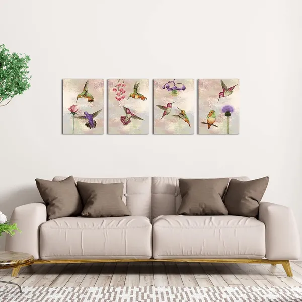 Brown_4_Pieces_Hummingbird_Canvas_Wall_Art_Prints_Birds_With_Flowers_Picture_Paintings_Vintage_Animals_Artwork_|_For_Bedroom_Living_Room_Decorations_Ready_To_Hang_Each_Piece_12X16Inch