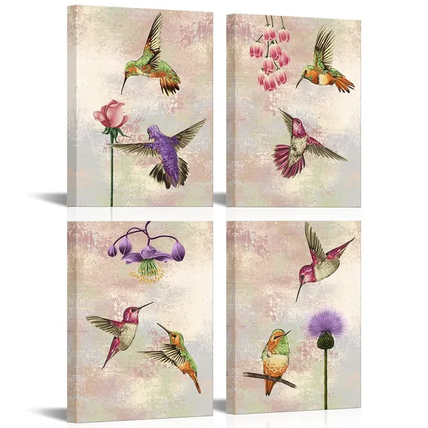 Brown_4_Pieces_Hummingbird_Canvas_Wall_Art_Prints_Birds_With_Flowers_Picture_Paintings_Vintage_Animals_Artwork_|_For_Bedroom_Living_Room_Decorations_Ready_To_Hang_Each_Piece_12X16Inch
