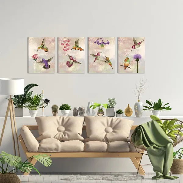 Brown_4_Pieces_Hummingbird_Canvas_Wall_Art_Prints_Birds_With_Flowers_Picture_Paintings_Vintage_Animals_Artwork_|_For_Bedroom_Living_Room_Decorations_Ready_To_Hang_Each_Piece_12X16Inch