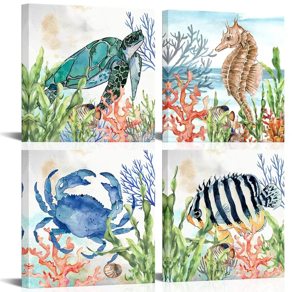 Multicolor_4_Pieces_Sea_Animal_Wall_Art_Ocean_Theme_Abstract_Blue_Crab_Turtle_Seahorse_Coastal_Fish_Canvas_Picture_Poster_|_For_Rustic_Bathroom_Kids_Room_Decor_Stretched_And_Framed_Ready_To_Hang_Each_Size_12X12Inch