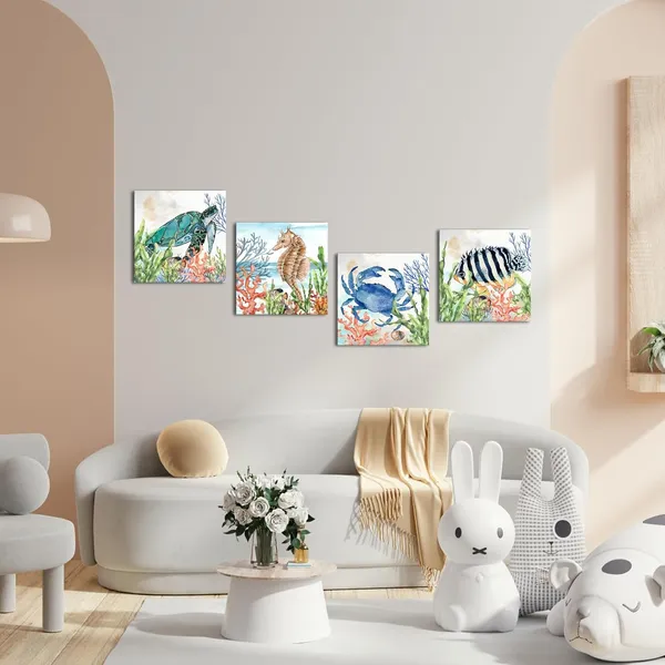 Multicolor_4_Pieces_Sea_Animal_Wall_Art_Ocean_Theme_Abstract_Blue_Crab_Turtle_Seahorse_Coastal_Fish_Canvas_Picture_Poster_|_For_Rustic_Bathroom_Kids_Room_Decor_Stretched_And_Framed_Ready_To_Hang_Each_Size_12X12Inch