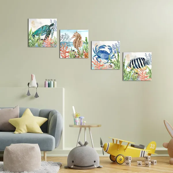 Multicolor_4_Pieces_Sea_Animal_Wall_Art_Ocean_Theme_Abstract_Blue_Crab_Turtle_Seahorse_Coastal_Fish_Canvas_Picture_Poster_|_For_Rustic_Bathroom_Kids_Room_Decor_Stretched_And_Framed_Ready_To_Hang_Each_Size_12X12Inch