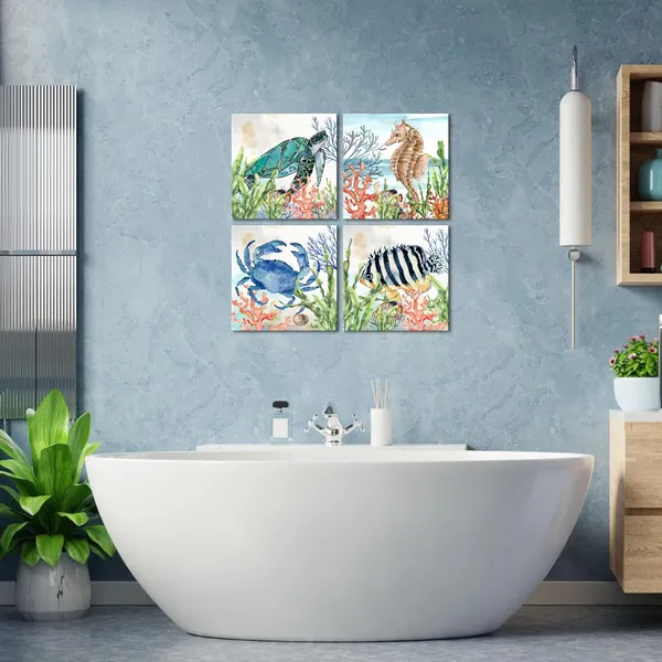 Multicolor_4_Pieces_Sea_Animal_Wall_Art_Ocean_Theme_Abstract_Blue_Crab_Turtle_Seahorse_Coastal_Fish_Canvas_Picture_Poster_|_For_Rustic_Bathroom_Kids_Room_Decor_Stretched_And_Framed_Ready_To_Hang_Each_Size_12X12Inch