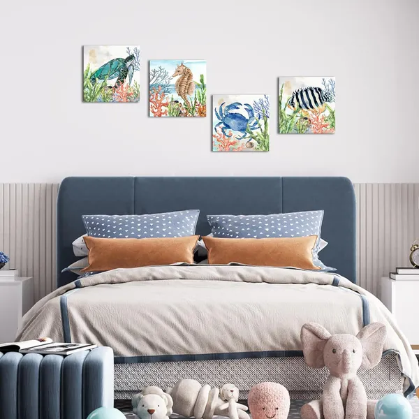 Multicolor_4_Pieces_Sea_Animal_Wall_Art_Ocean_Theme_Abstract_Blue_Crab_Turtle_Seahorse_Coastal_Fish_Canvas_Picture_Poster_|_For_Rustic_Bathroom_Kids_Room_Decor_Stretched_And_Framed_Ready_To_Hang_Each_Size_12X12Inch